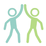 A glowing blue and green outline of two stick-figure people reaching up to high-five