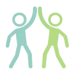 A glowing blue and green outline of two stick-figure people reaching up to high-five