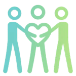 Three gradient teal-to-green stick figures standing together, with the two outer figures holding a heart shape between them, symbolising inclusivity, equality, and shared support.