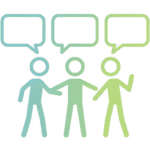 A glowing outline of three stick-figure people in blue and green tones, standing together under three speech bubbles. Workforce engagement