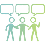 A glowing outline of three stick-figure people in blue and green tones, standing together under three speech bubbles. Workforce engagement