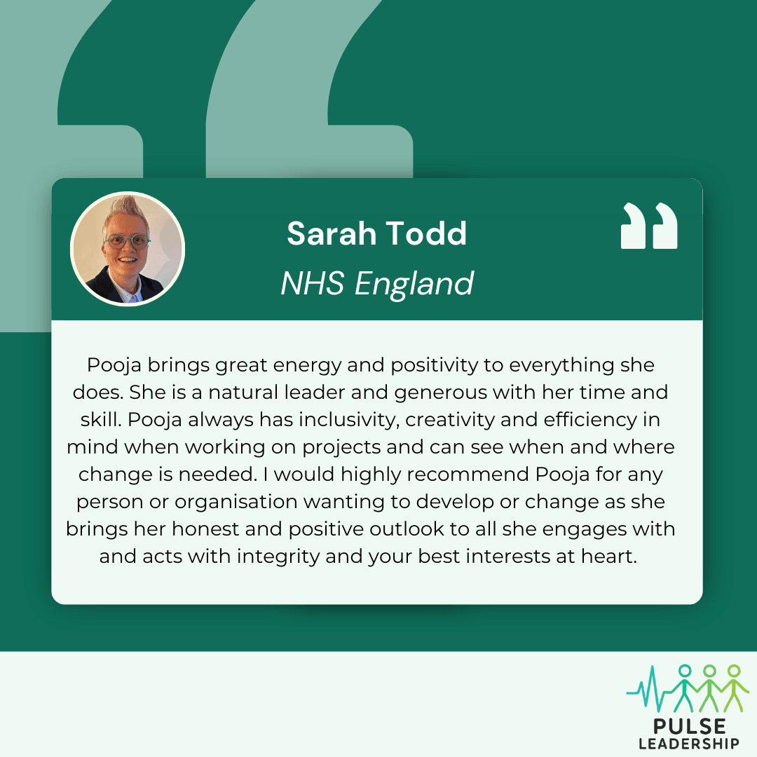 Pooja brings great energy and positivity to everything she does. She is a natural leader and generous with her time and skill. Pooja always has inclusivity, creativity and efficiency in mind when working on projects and can see when and where change is needed. I would highly recommend Pooja for any person or organisation wanting to develop or change as she brings her honest and positive outlook to all she engages with and acts with integrity and your best interests at heart.