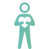A minimalist turquoise figure holds a heart symbol at its center on a black background.