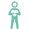 human centred A minimalist turquoise figure holds a heart symbol at its center on a black background.