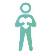 A minimalist turquoise figure holds a heart symbol at its center on a black background.