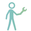 Minimalistic figure on a black background holding a wrench symbolizing practicality.
