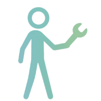 Minimalistic figure on a black background holding a wrench symbolizing practicality.